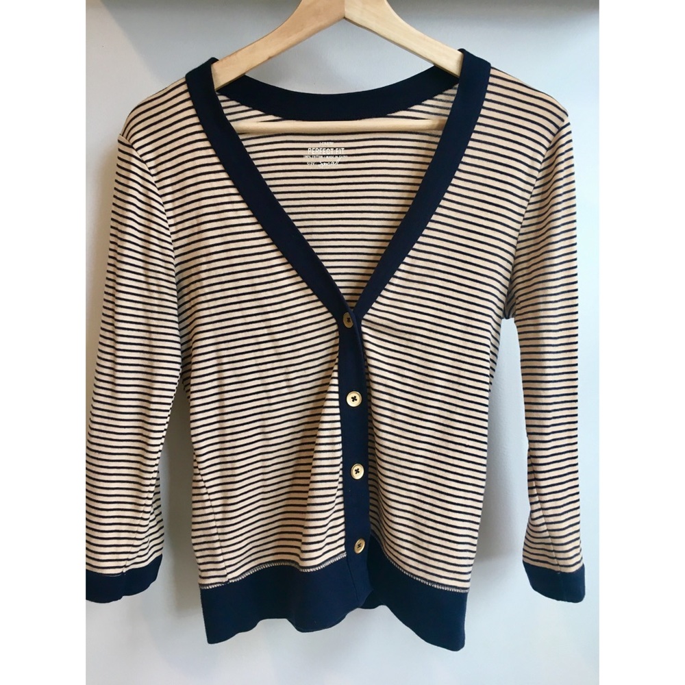 J Crew Navy and Beige Perfect Fit Cotton Cardigan